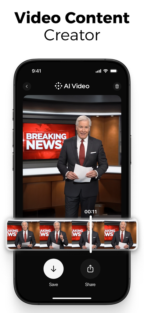 iPhone screen showing the AI Video app interface with a realistic news anchor character video and editing timeline
