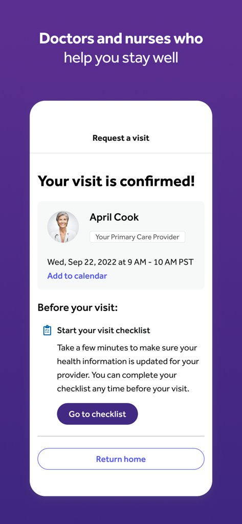 A screenshot of the Teladoc Health app showing a confirmed visit with a primary care provider and a pre-visit checklist