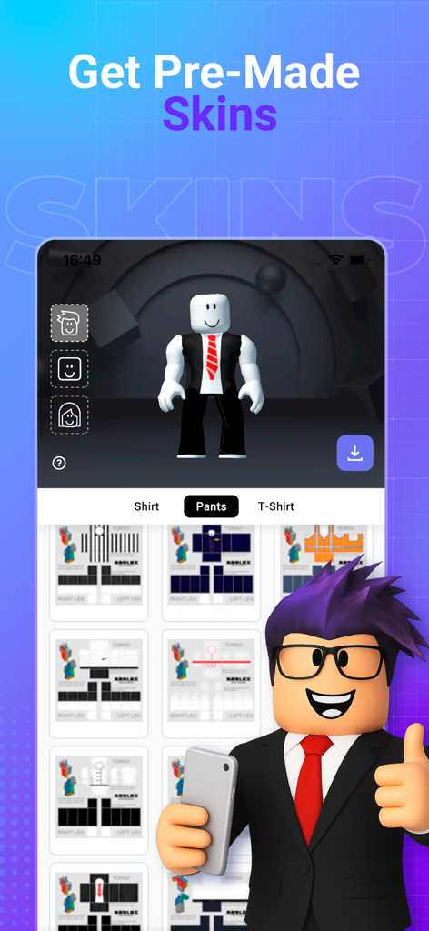 Makerblox - skin creator - Makerblox app interface showing pre-made skins and clothing templates for avatars