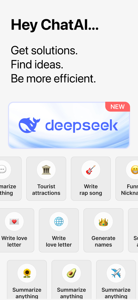 Chat AI: Ask Chatbot Assistant - Chat AI assistant app interface with DeepSeek banner and various creative prompts