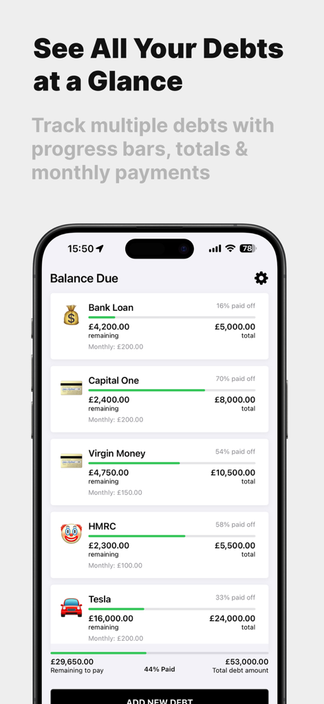 Balance Due - Balance Due app dashboard showing a list of multiple debts with visual progress bars and monthly payment summaries