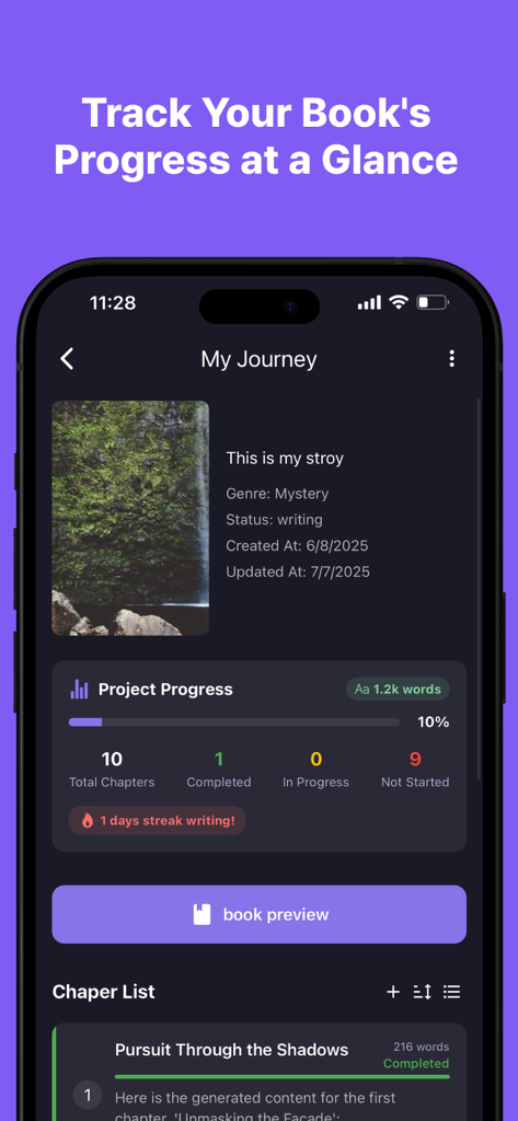 AI Book Writer - Story Maker - Dashboard of the AI Book Writer app displaying book project statistics writing streak and chapter progress