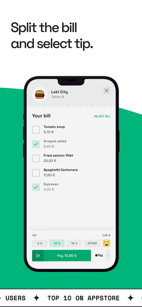 Qerko - A mobile app screen showing a restaurant bill with options to select items to pay and choose a tip percentage
