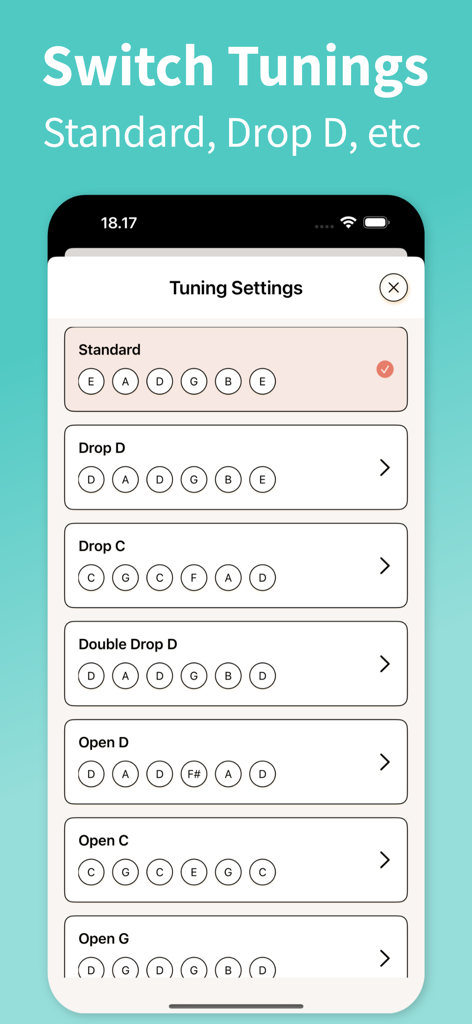 Guitar Tuner - TuneGuide - Interfaz de la aplicación TuneGuide que muestra diferentes modos de afinación de guitarra como Estándar y Drop D