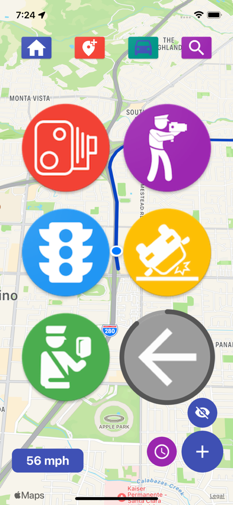 Map view displaying large icons for speed cameras, police radar, traffic lights, and road accidents.