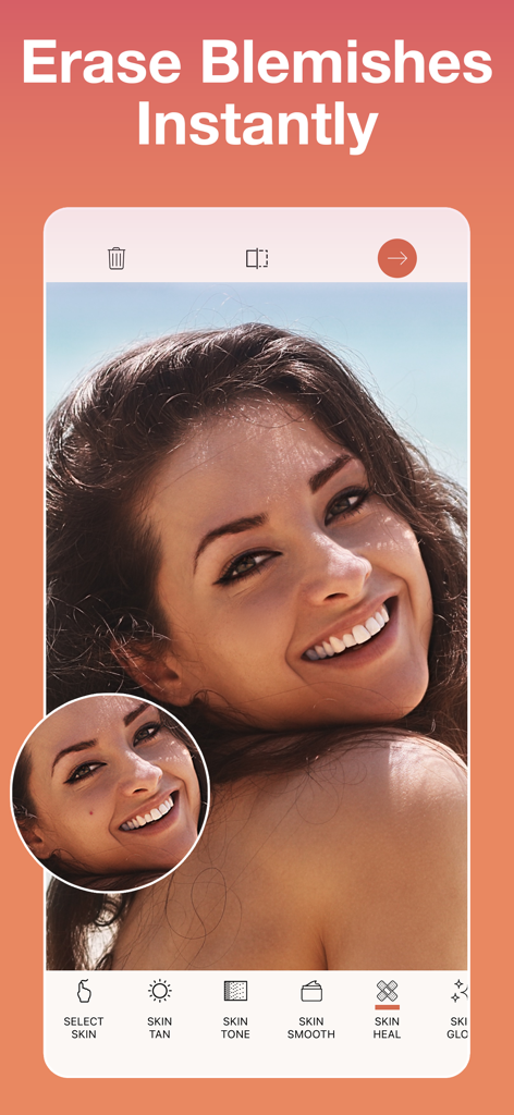 Skin Tanner: AI Photo Editor - El rostro de una mujer mostrado en la aplicación Bronceador de Piel usando la función Curar Piel para eliminar imperfecciones.