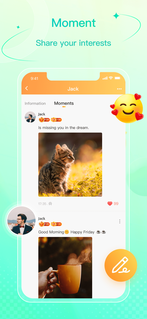 Beela Chat - Group Vocie Rooms - Una pantalla móvil que muestra la función Momentos de Beela Chat donde los usuarios comparten fotos de gatos y café para conectarse con amigos.