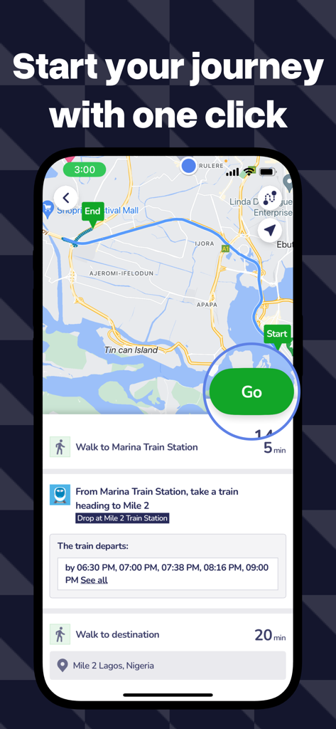 OrnaMap: Lagos Transport App - OrnaMap mobile app screen showing a transit route in Lagos including train schedules and walking directions