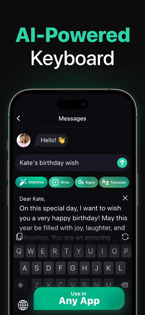 Chatly: AI Chatbot & Assistant - Chatly app interface showing the AI-powered keyboard feature being used to write a birthday message.