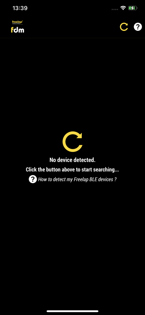 FDM - FDM app interface showing the scan screen for Freelap devices with no device detected message