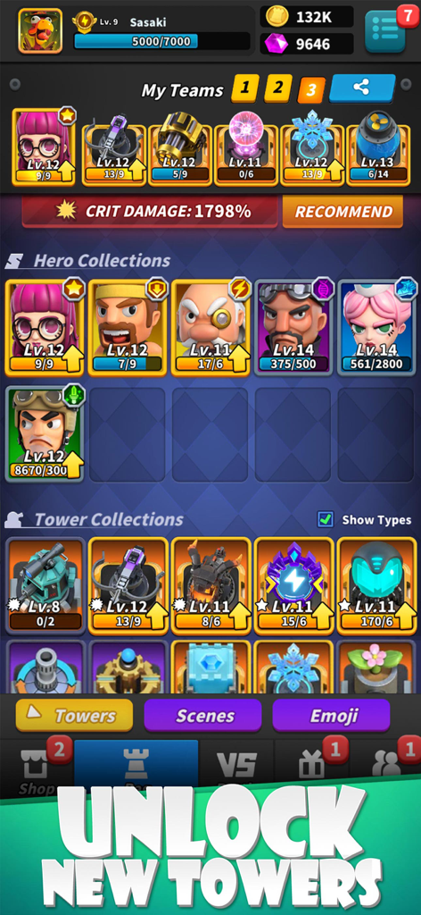 Random TD game screen displaying hero and tower collections with unlock new towers banner