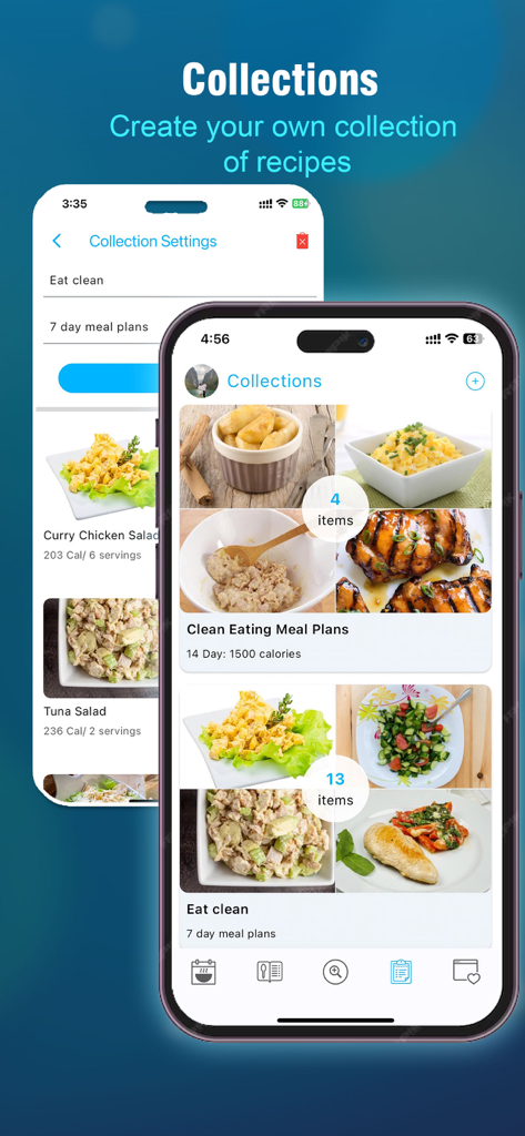 Meal Planner – Eating well - Uma interface de aplicativo móvel exibindo coleções de receitas personalizadas para planejamento de refeições saudáveis e alimentação limpa.