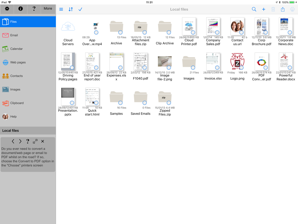 PrintCentral - Interfaz del administrador de archivos locales de la aplicación PrintCentral en el iPad.