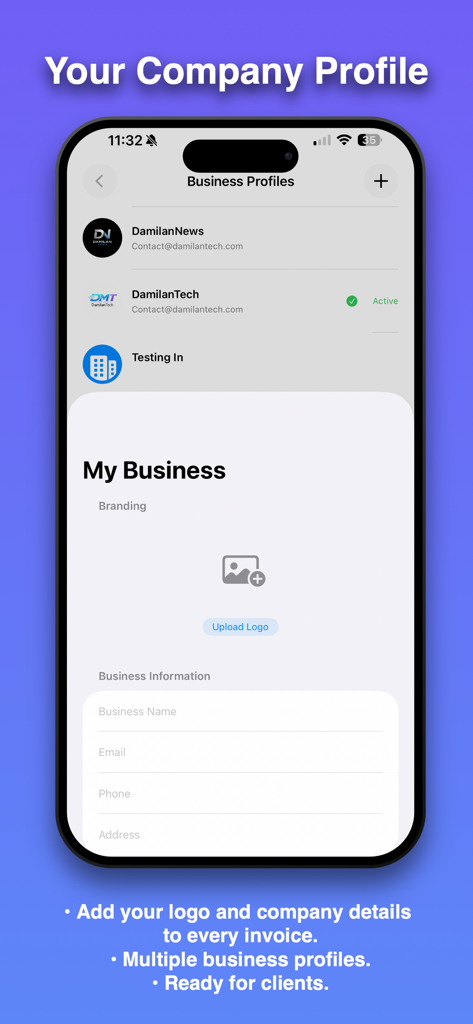Docs Maker: Invoice Maker - Business profile setup screen in the Docs Maker app for creating professional invoices with custom branding and logos.