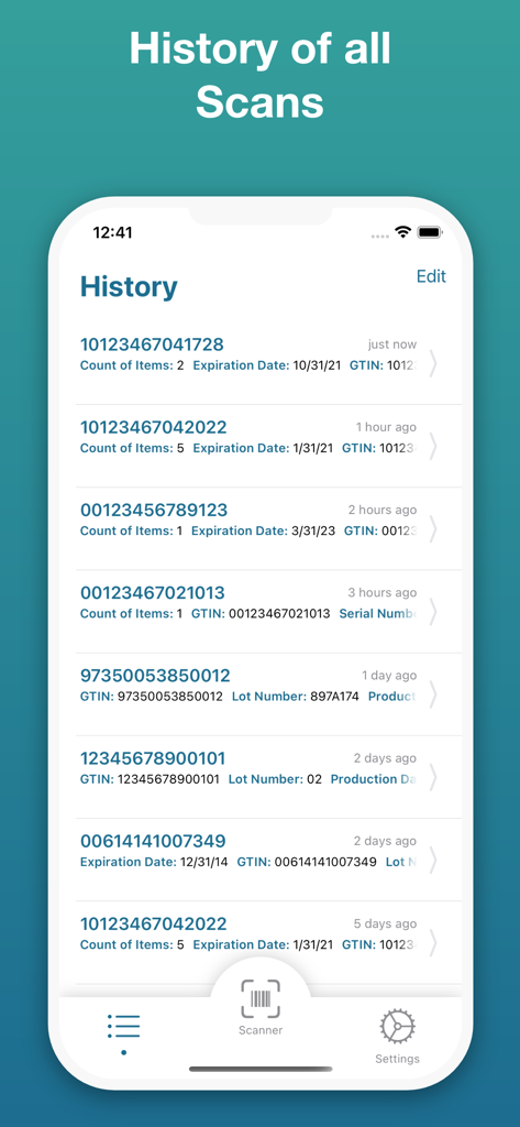 Scan history screen showing a list of decoded GS1 barcodes with GTIN expiration dates and lot numbers