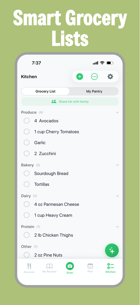 Mobile app interface of RecipeScan showing a categorized smart grocery list organized by store aisles