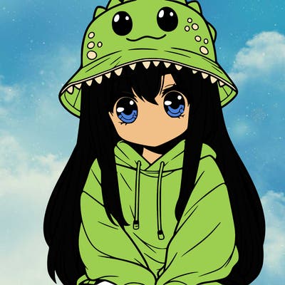 girl with anime shaped eyes with a dinosaur bucket hat oversized sweatshirt long straight hair