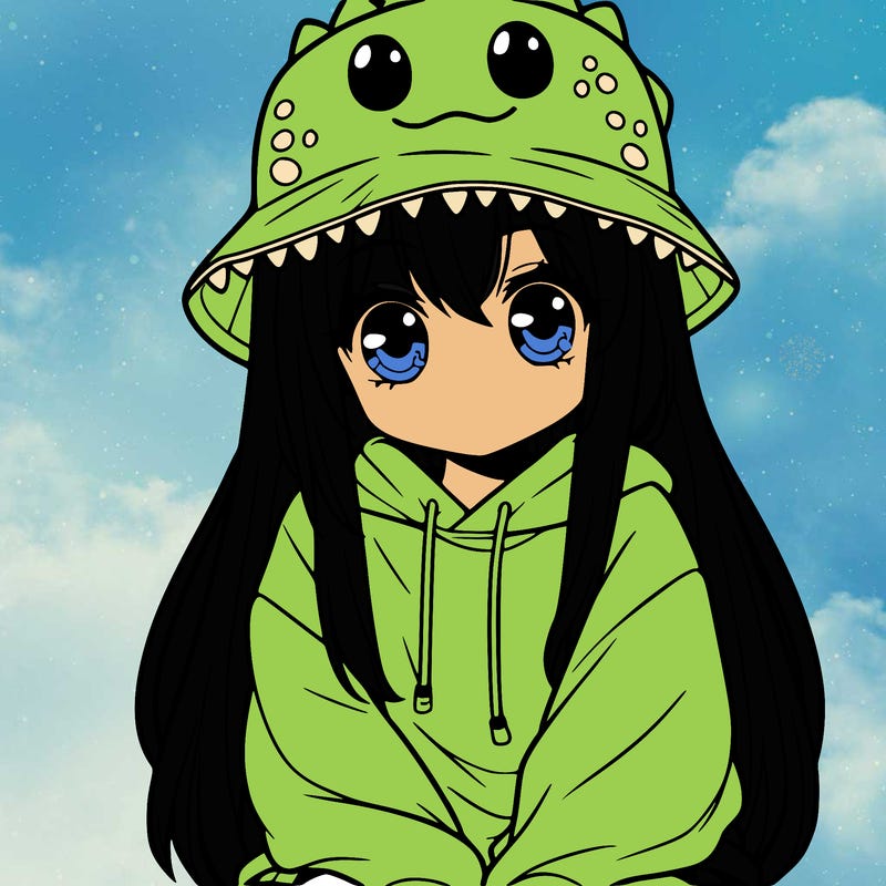 girl with anime shaped eyes with a dinosaur bucket hat oversized sweatshirt long straight hair