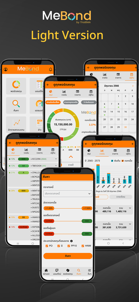 MeBond by ThaiBMA - Multiple mobile screenshots of the MeBond app showing Thai bond portfolio analytics and investment tracking tools