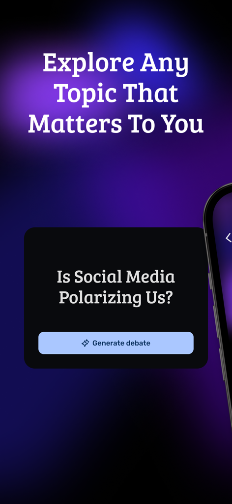 Apol app interface showing a prompt to explore topics and generate debates with AI