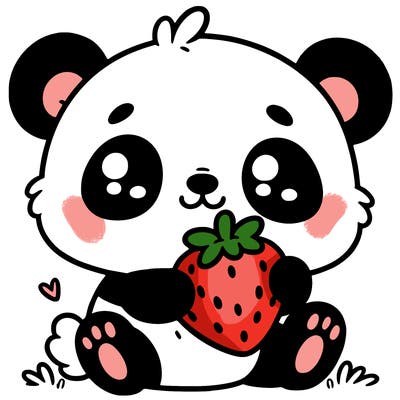 a cute panda with a eating a strawberry