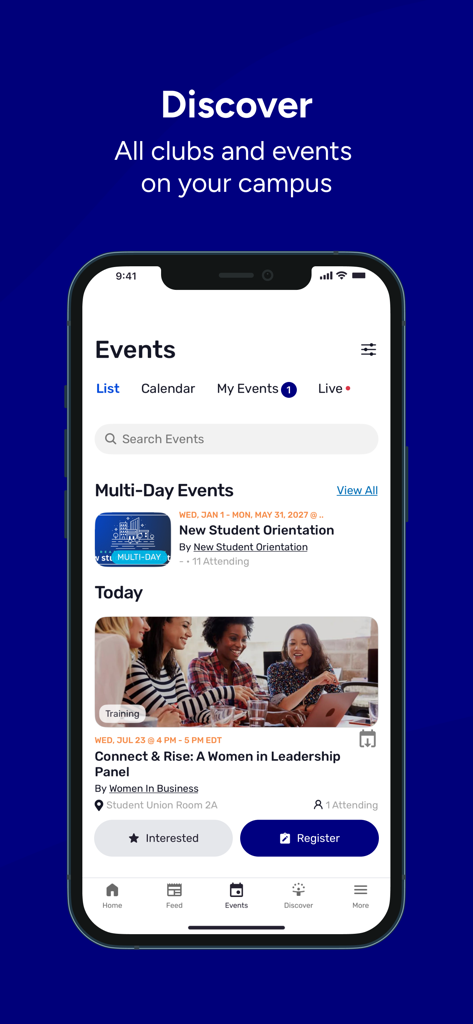 IB Connect App-Bildschirm mit einer Liste von Campus-Veranstaltungen und Orientierungsveranstaltungen für Studenten