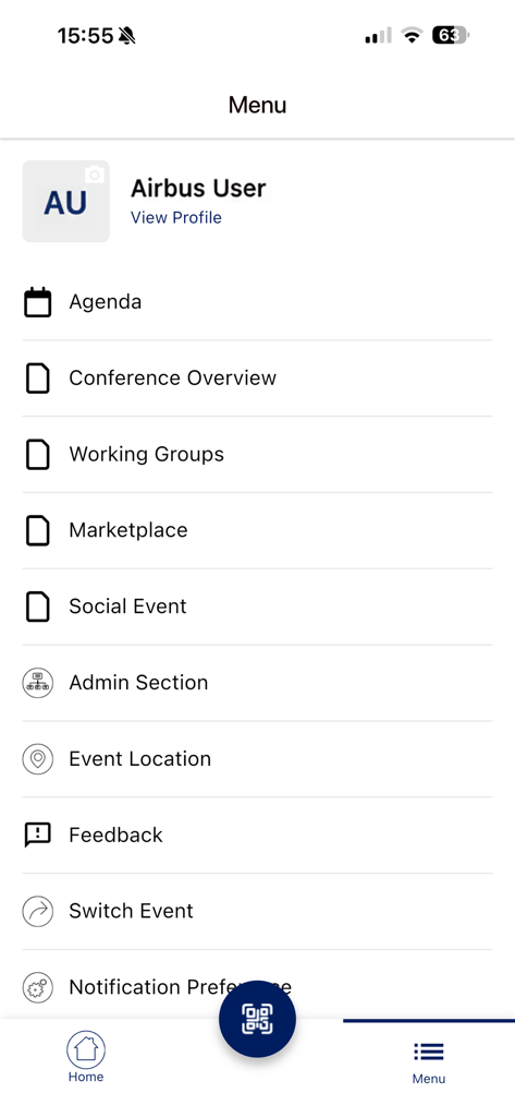 Airbus Events and Exhibitions app menu screen showing event options like agenda and conference overview