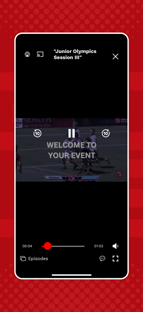 GOLS App - Interface of the GOLS App showing a live sports stream with video player controls