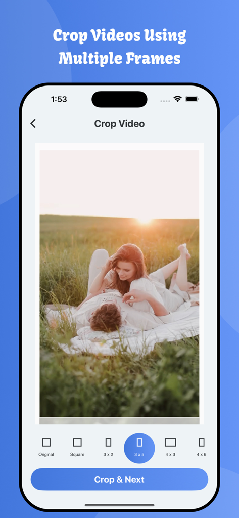 A mobile interface for cropping a video with various aspect ratio options like square and 3 by 5