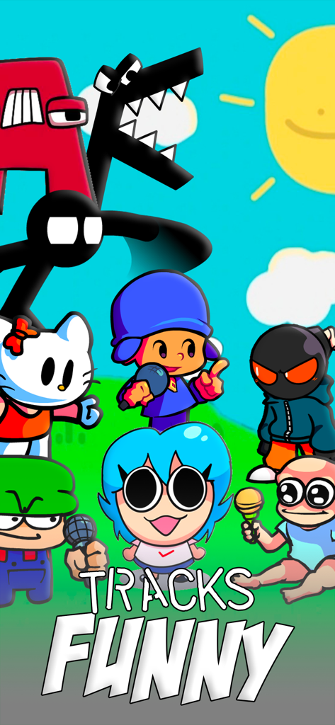 Cartoon characters from World Music Battle in a vibrant landscape with text reading Tracks Funny.