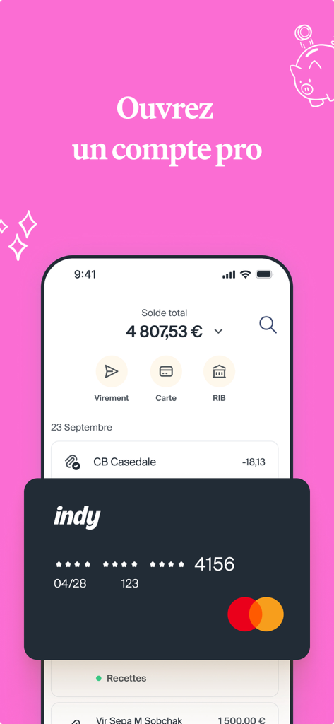 Smartphone displaying the Indy app professional account balance and a Mastercard debit card.
