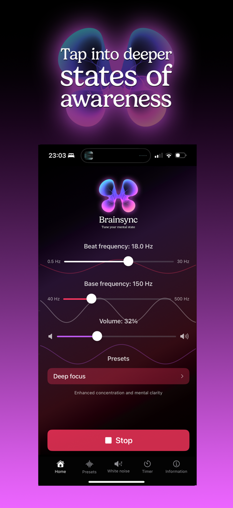BrainSync - BrainSync mobile app interface showing adjustable frequency and volume controls for deep focus sessions