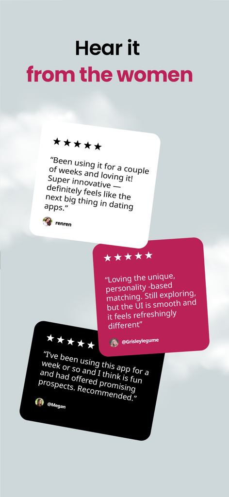 Three five star user reviews from women on the Hunch dating app praising its personality based matching and user interface
