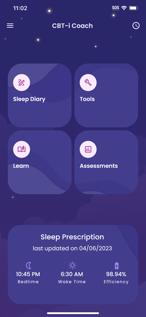 Main dashboard of the CBT-i Coach app featuring navigation for Sleep Diary and Tools along with a Sleep Prescription summary