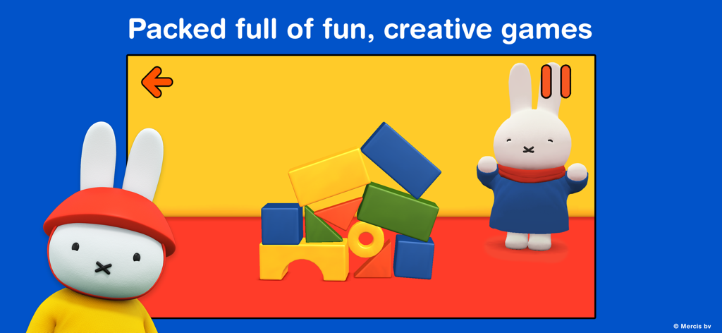 Miffy's World! - 창의적인 교육 게임에서 다채로운 기하학적 블록을 가지고 노는 미피 캐릭터.