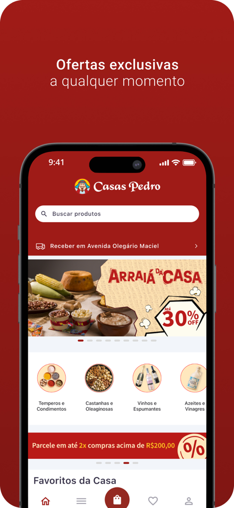 Casas Pedro - Schermata principale dell'app mobile Casas Pedro che mostra categorie di alimenti naturali e un banner promozionale di sconto.