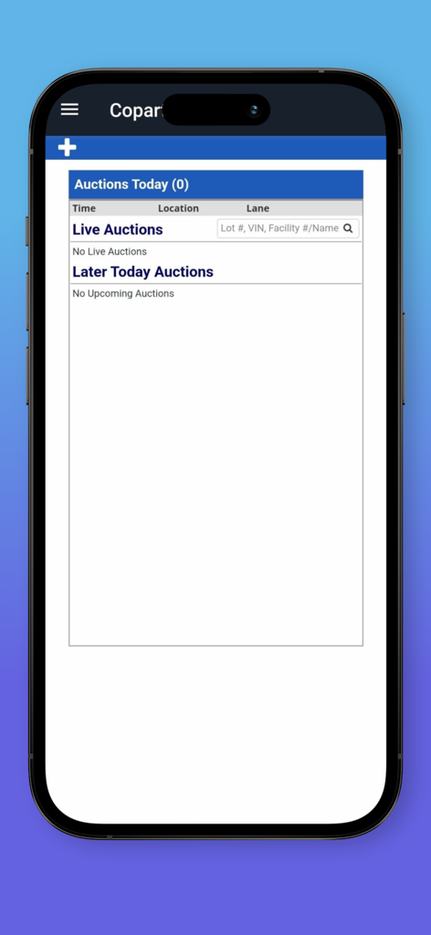 Carspace App - Carspace App mobile interface showing the Auctions Today dashboard for tracking live and upcoming vehicle auctions