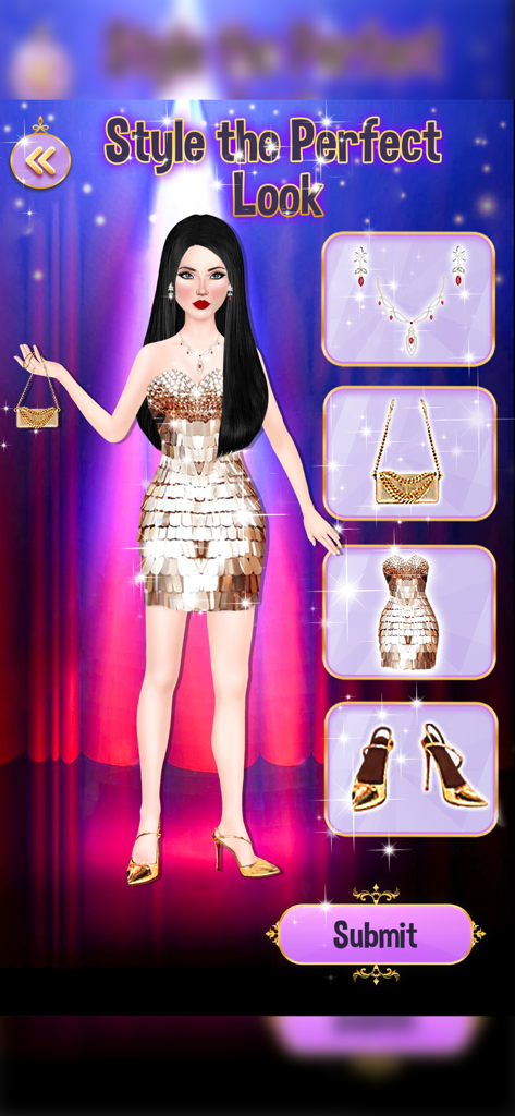 Fashion Makeup Makeover Games - Un personaje en un juego de transformación de moda vistiendo un glamuroso vestido dorado con tacones y joyas a juego