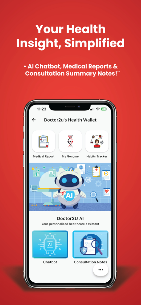 Doctor2U by BP Healthcare - Doctor2U mobile app interface showing the health wallet with AI chatbot and medical report features