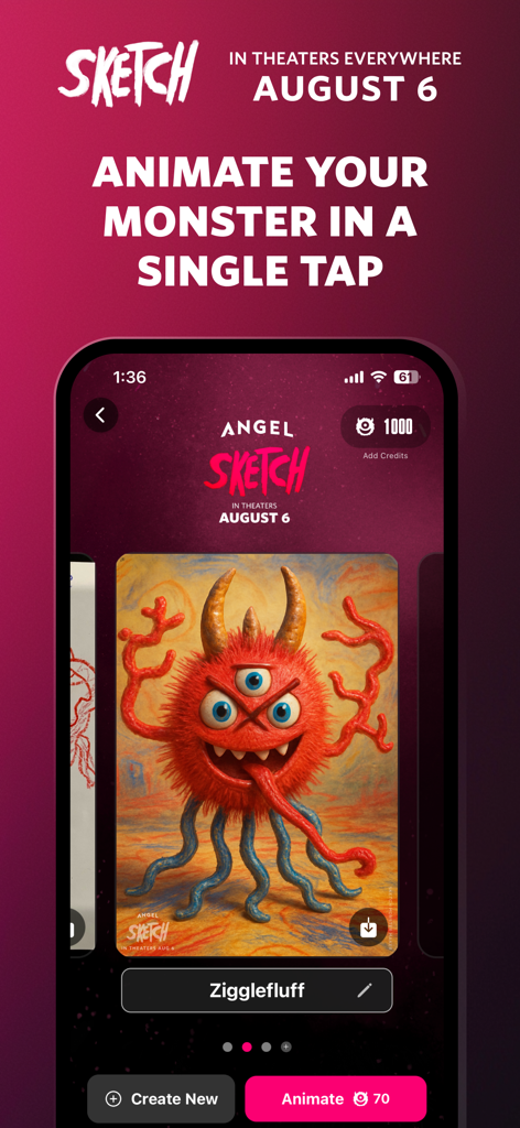 Mobile app interface showing a red three-eyed animated monster named Zigglefluff with options to create and animate.
