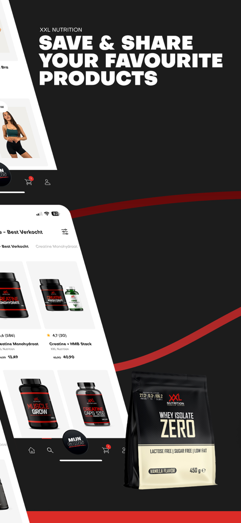 Mobile app interface of XXL Nutrition displaying a variety of fitness supplements and a save and share feature