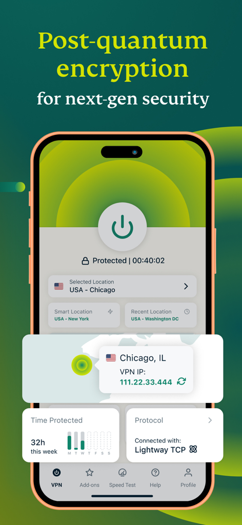 iPhoneのExpressVPNアプリインターフェイス、シカゴのサーバーへの安全な接続とポスト量子暗号化を表示。