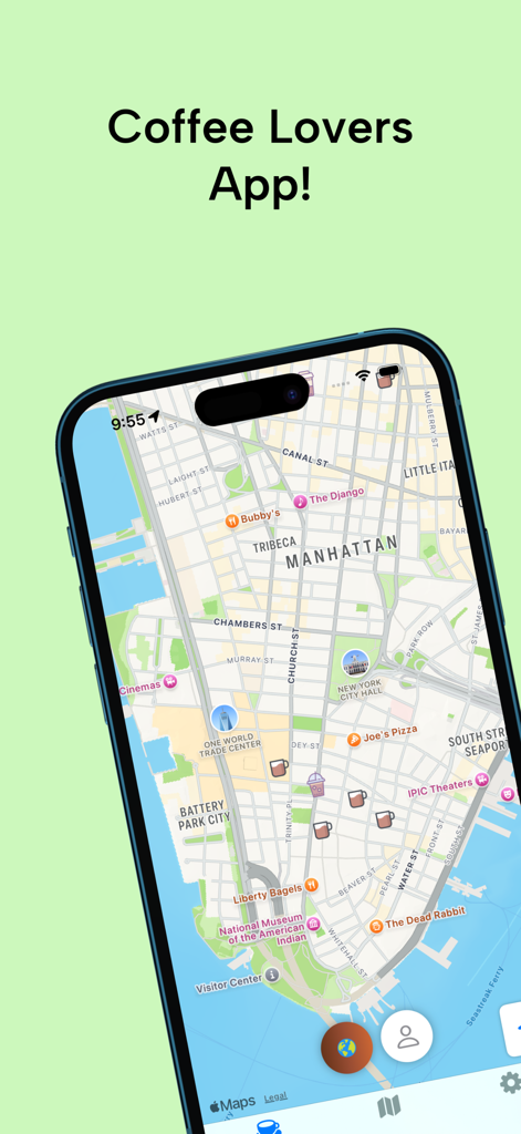 Coffee Compass: Maps & Guide - Smartphone screen showing the Coffee Compass app map of Manhattan with custom coffee shop pins