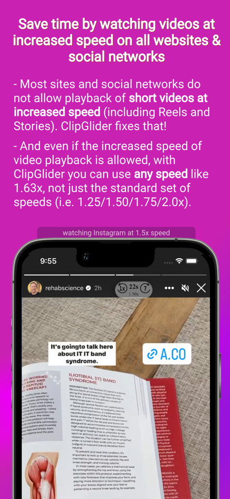 ClipGlider app interface showing an Instagram story playing at 1.5x speed for faster consumption