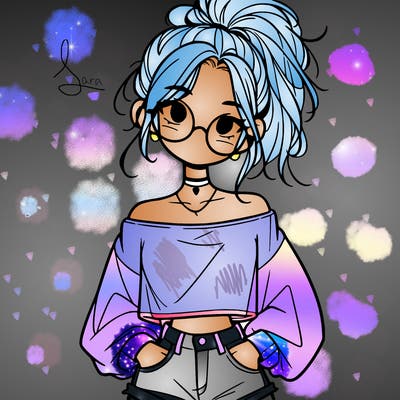 girl with a messy ponytail glasses a baggy crop top and jean shorts