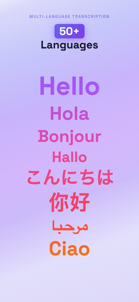 SpeakNotes app screen highlighting support for transcription in over 50 languages with multi-lingual greetings