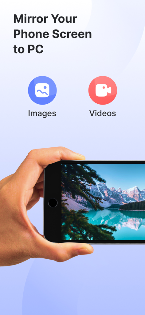 Screen Mirroring: Smart cast - Screen mirroring app interface showing options to cast images and videos from a phone to a computer