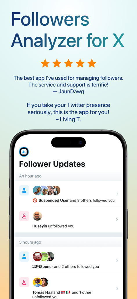 Interfaz de la aplicación Followers Analyzer para X que muestra actualizaciones recientes de seguidores y de quienes dejaron de seguir, con testimonios y calificaciones de usuarios.