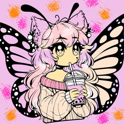 a realistic butterfly/furry girl drinking boba