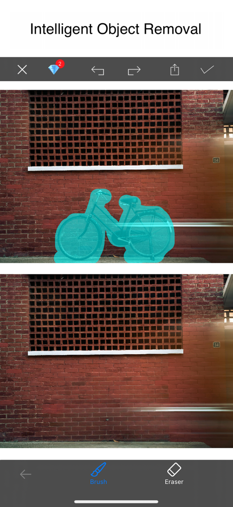 Photo HD Recovery: Restore - インテリジェントオブジェクト除去ツールが自転車をレンガの壁の写真から削除している比較表示